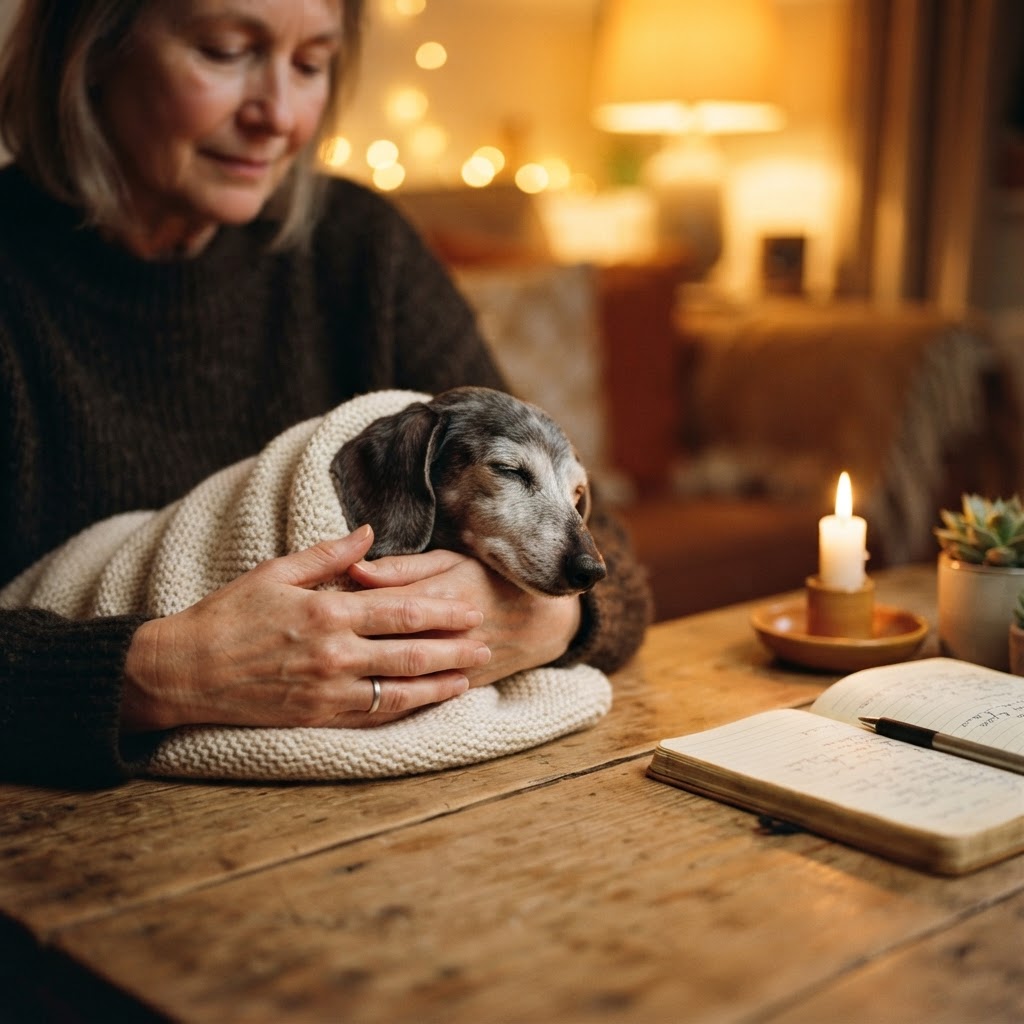 A woman seated at a wooden table in a warmly lit room, holding a small gray and black dog wrapped in a cream knit blanket. An open notebook and a lit candle sit on the table, with a softly blurred home interior in the background.