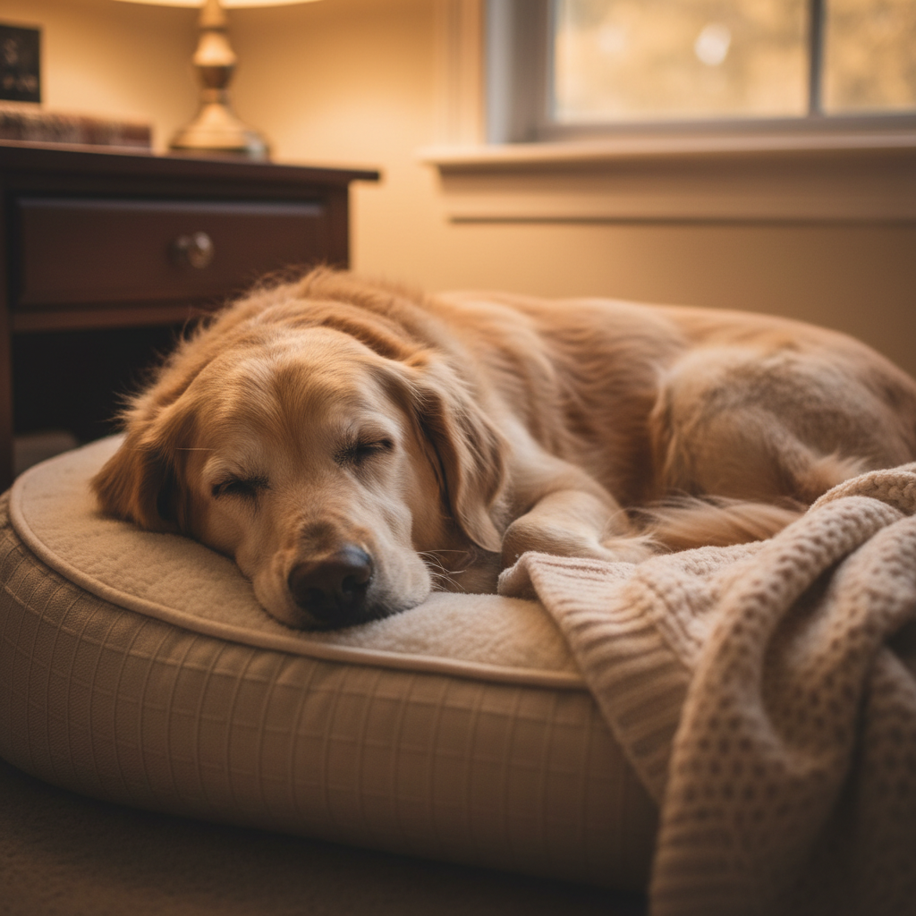 Senior dog sleeping peacefully on a cozy bed at night, soft warm lamplight, gold and cream tones