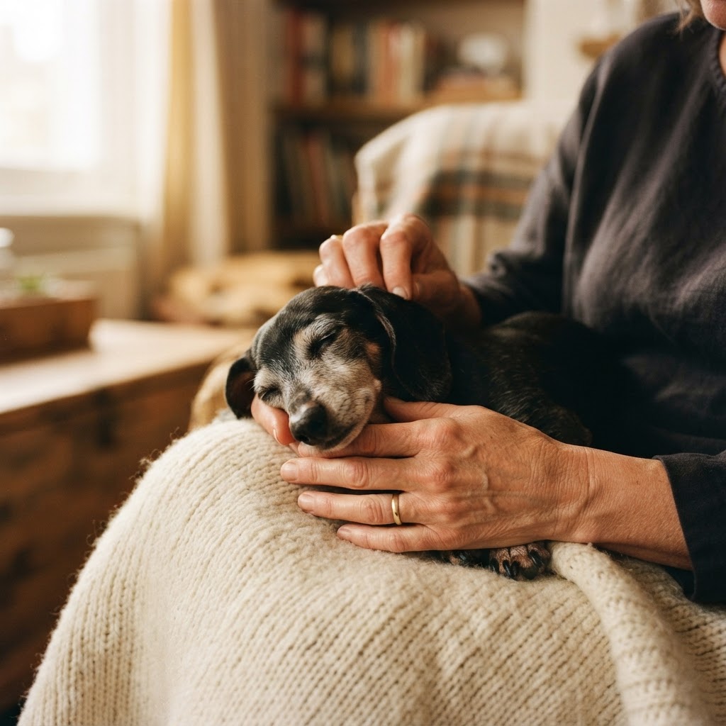 Senior dachshund sleeping peacefully in owner's gentle hands wrapped in a cream blanket — IVDD guide for dachshund moms
