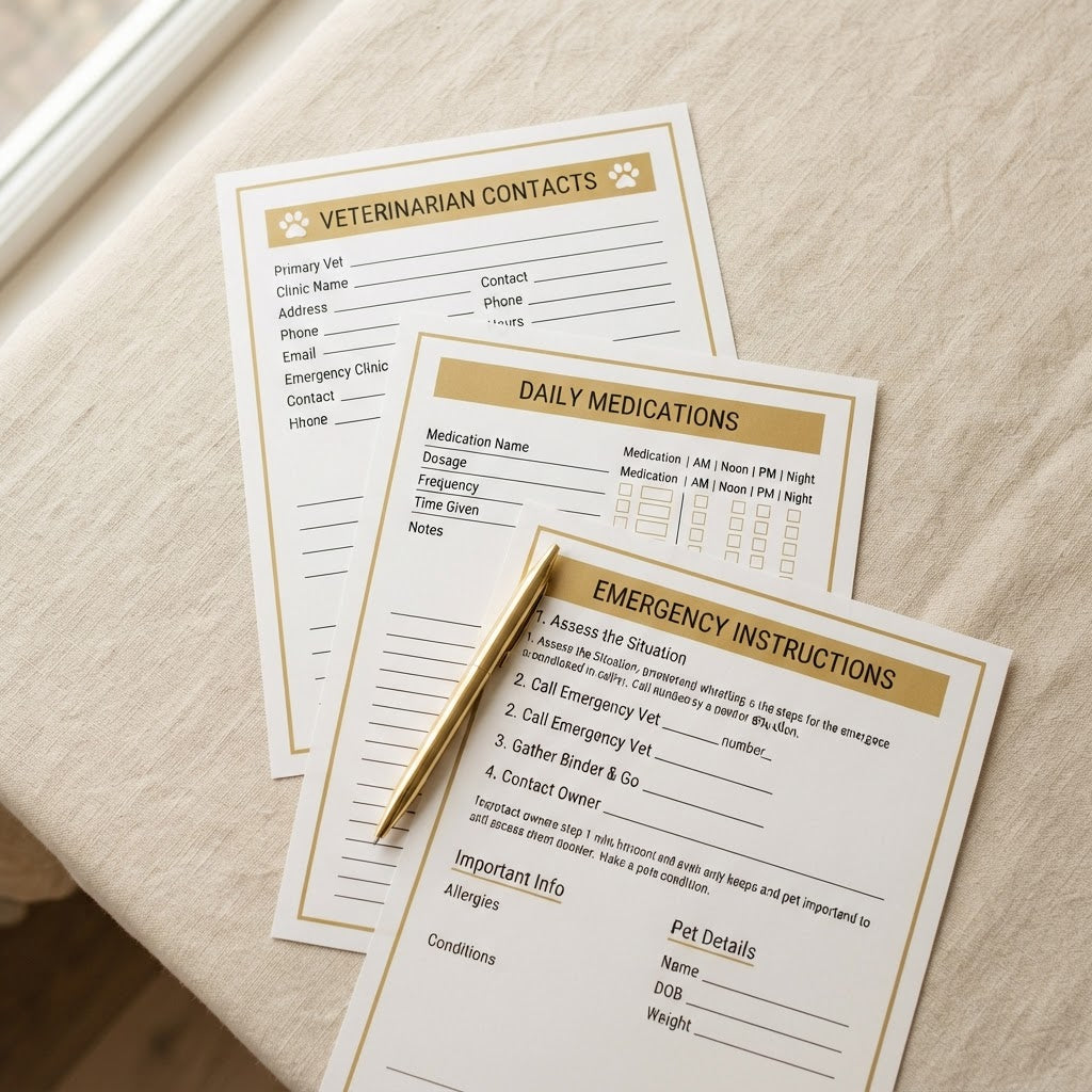 Emergency Binder printable pages — Veterinarian Contacts, Daily Medications, Emergency Instructions