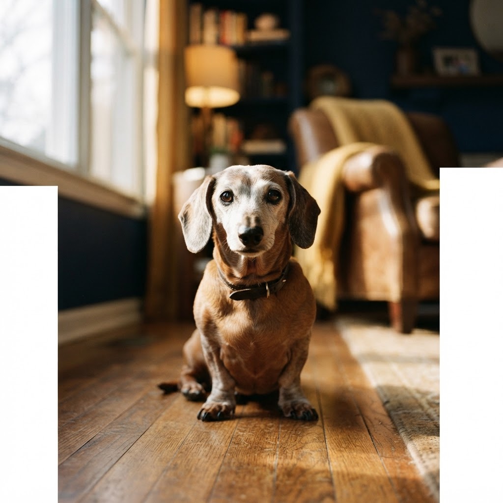 Gray-muzzled senior dachshund sitting tall on hardwood floors in warm morning light — IVDD recovery guide