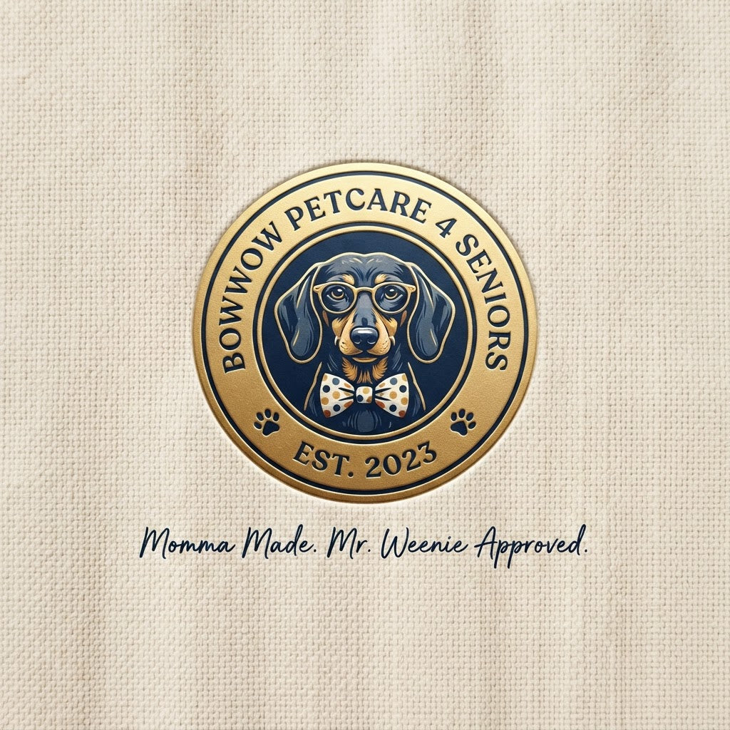 Bowwow Petcare 4 Seniors logo — Momma Made. Mr. Weenie Approved.