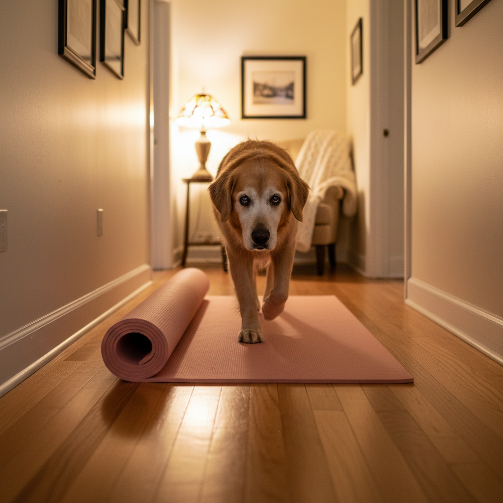 Senior dog carefully navigating a cozy home hallway with yoga mat on hardwood floors, warm lamplight
