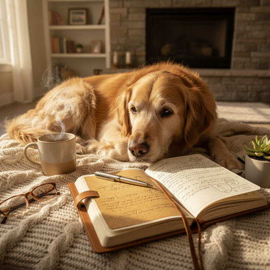 Senior dog resting next to an open planner journal, warm gold and cream tones