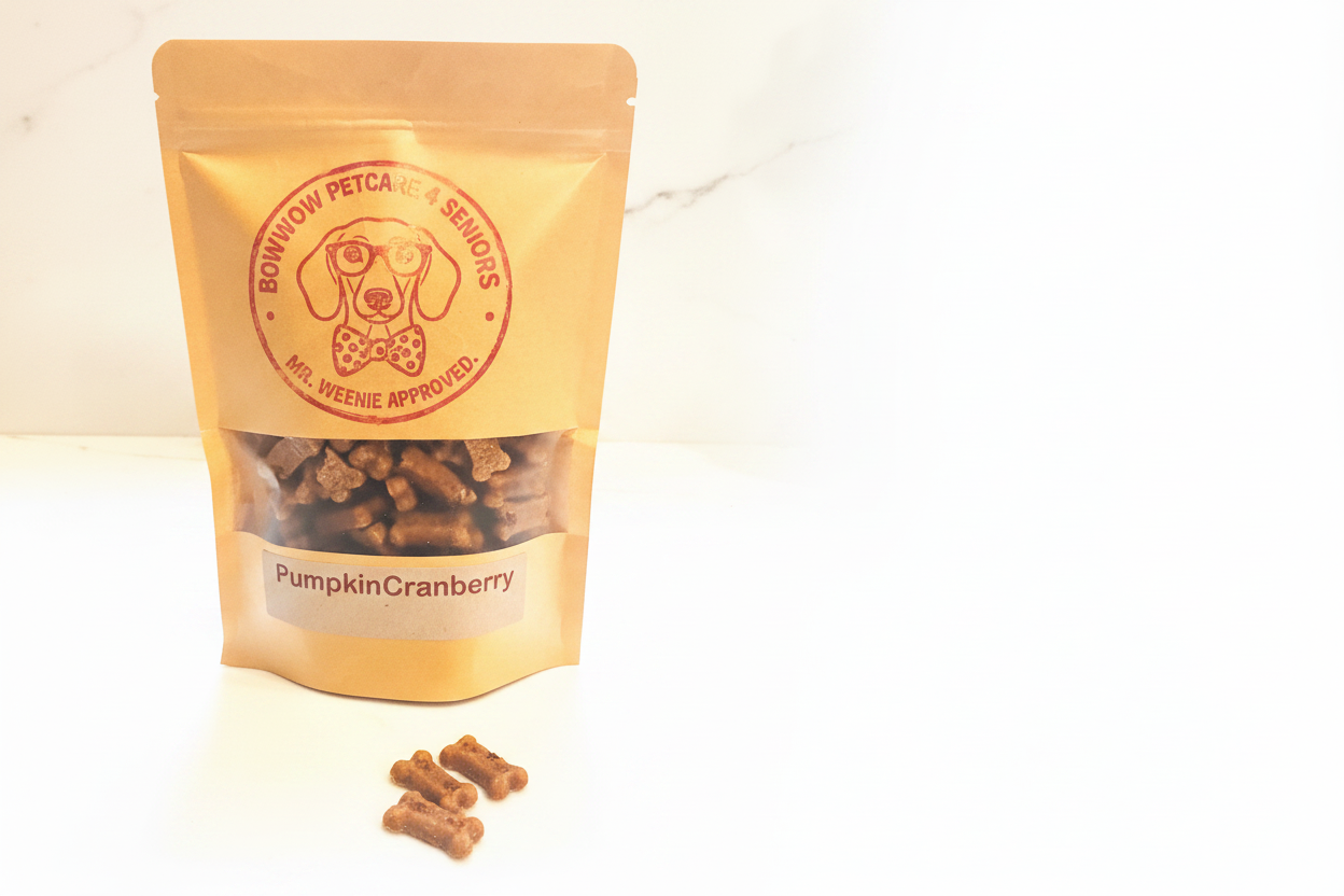 Handcrafted soft-baked Pumpkin Cranberry senior dog treats from Bowwow Pet Care, shaped like tiny bones for easy chewing.