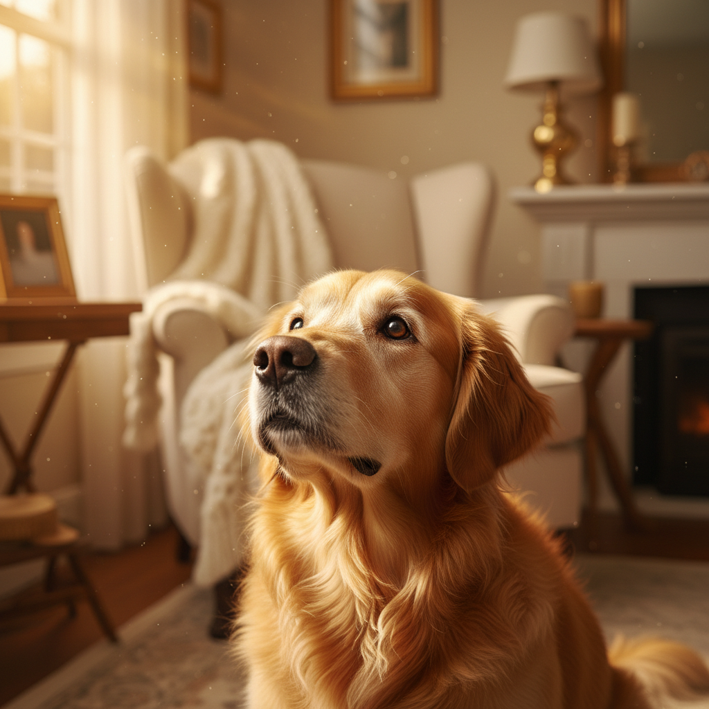 Sweet senior dog with gray muzzle looking up lovingly in warm golden light