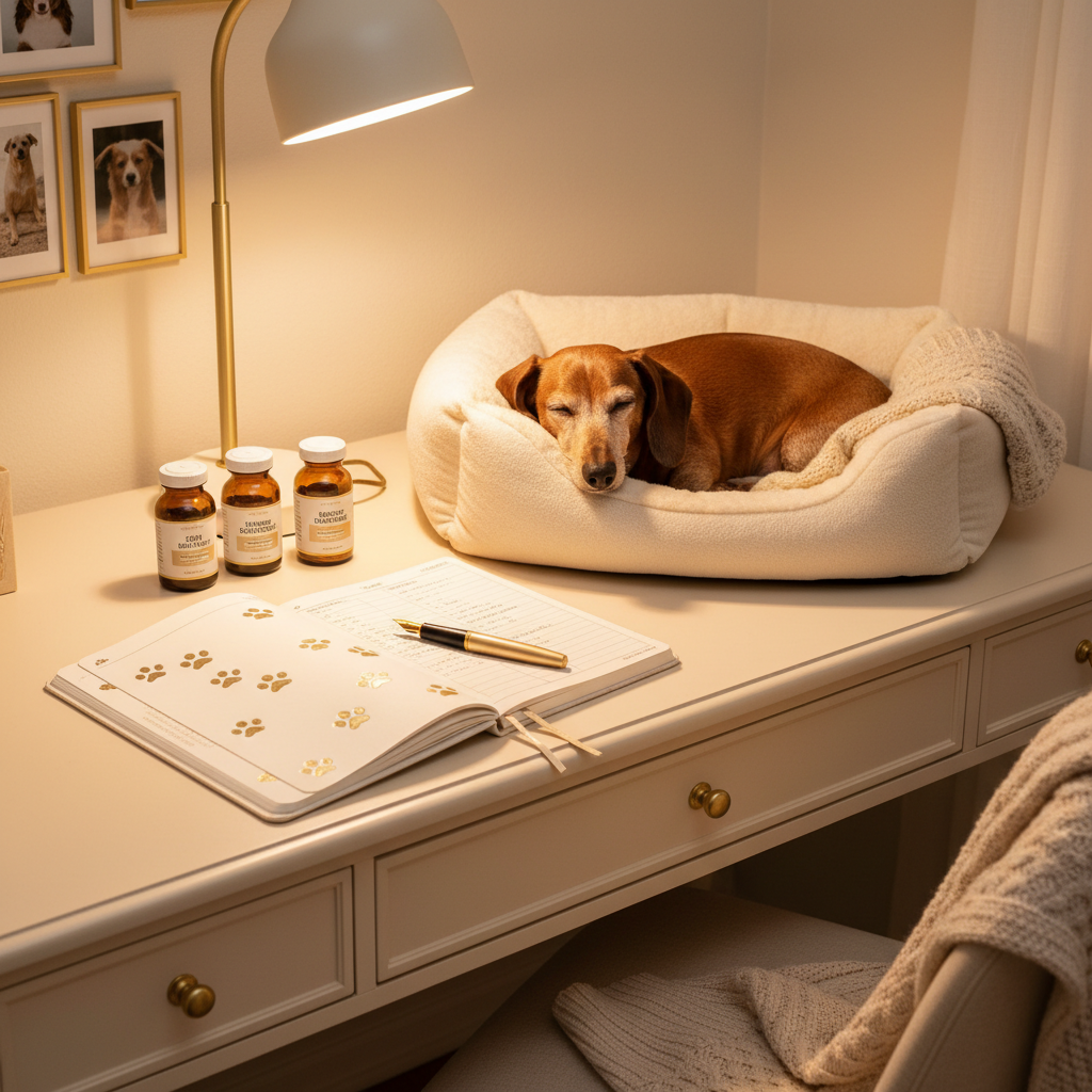 Cozy dog mom desk with health tracker journal, medication bottles, and senior dachshund resting nearby