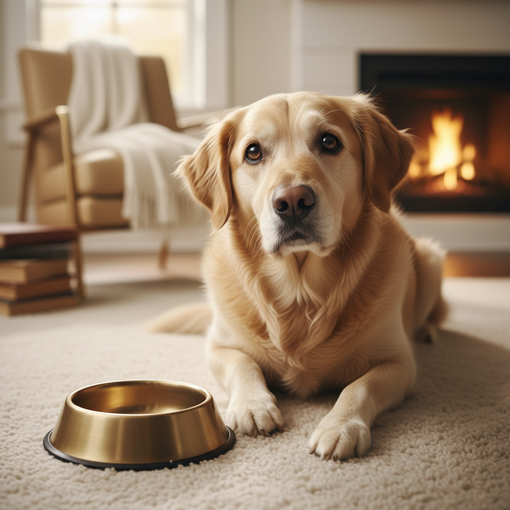 Senior dog sitting next to an untouched food bowl, looking up with gentle sad eyes