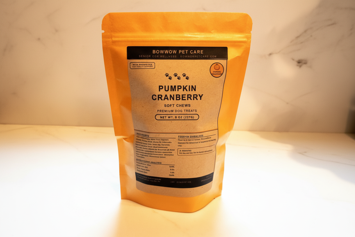 Nutrition label and ingredient list for Bowwow Pet Care Pumpkin Cranberry soft treats, highlighting active probiotics for senior dogs.