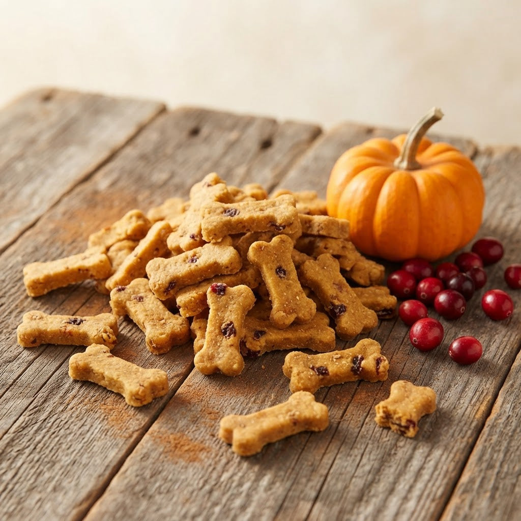 A pile of bone-shaped dog treats with visible dried cranberry pieces, arranged on a rustic wooden surface next to a small orange pumpkin and red cranberries.
