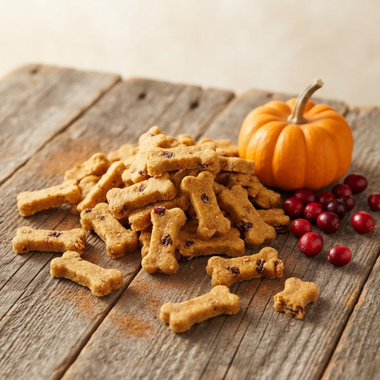 A pile of bone-shaped dog treats with visible dried cranberry pieces, arranged on a rustic wooden surface next to a small orange pumpkin and red cranberries.