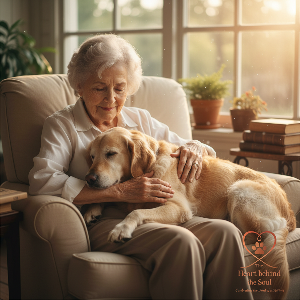 Senior citizen with senior dog with logo