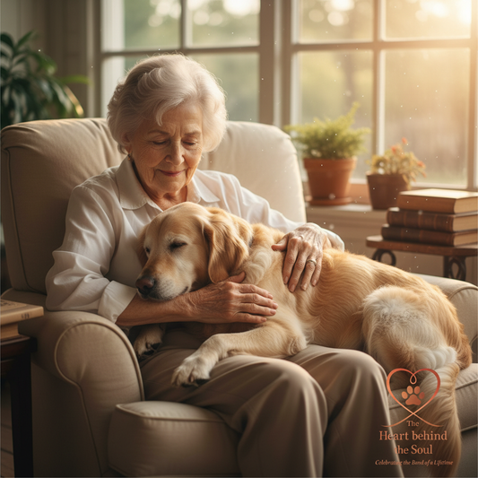 Senior citizen with senior dog with logo
