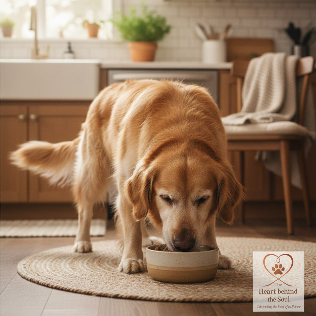 Senior dog eating with logo