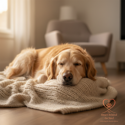 Senior dog resting with logo