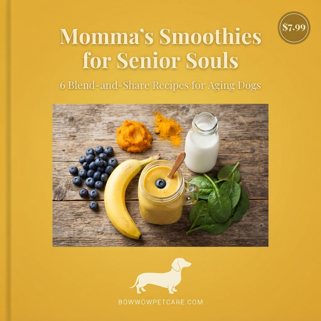 Book cover for 'Momma's Smoothies for Senior Souls' by Bow Wow Pet Care, featuring a yellow background with a central photo of a smoothie and ingredients like blueberries, banana, spinach, and pumpkin on a rustic wooden table.