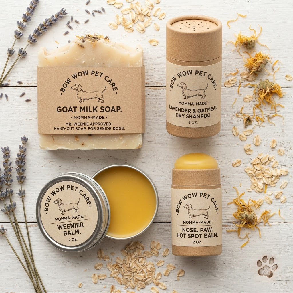 A flat-lay of pet care products on a white wood background with dried lavender and oats. The set includes a Goat Milk Soap bar, a Dry Shampoo stick, a Weener Balm tin showing yellow balm inside, and a Hot Spot Balm stick.