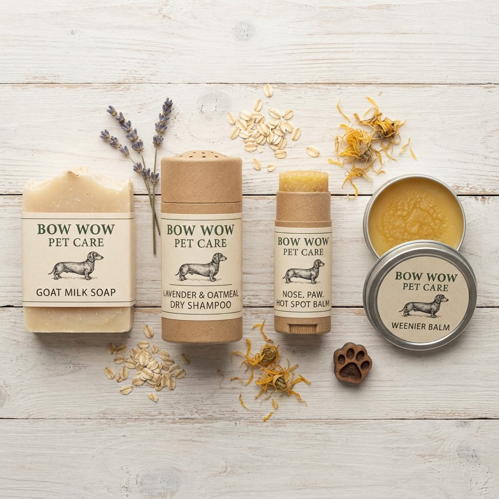 Bowwow Pet Care full Goat Milk Spa Collection — Goat Milk Soap, Lavender & Oatmeal Dry Shampoo, Nose Paw Hot Spot Balm, and Weenier Balm on white wood background
