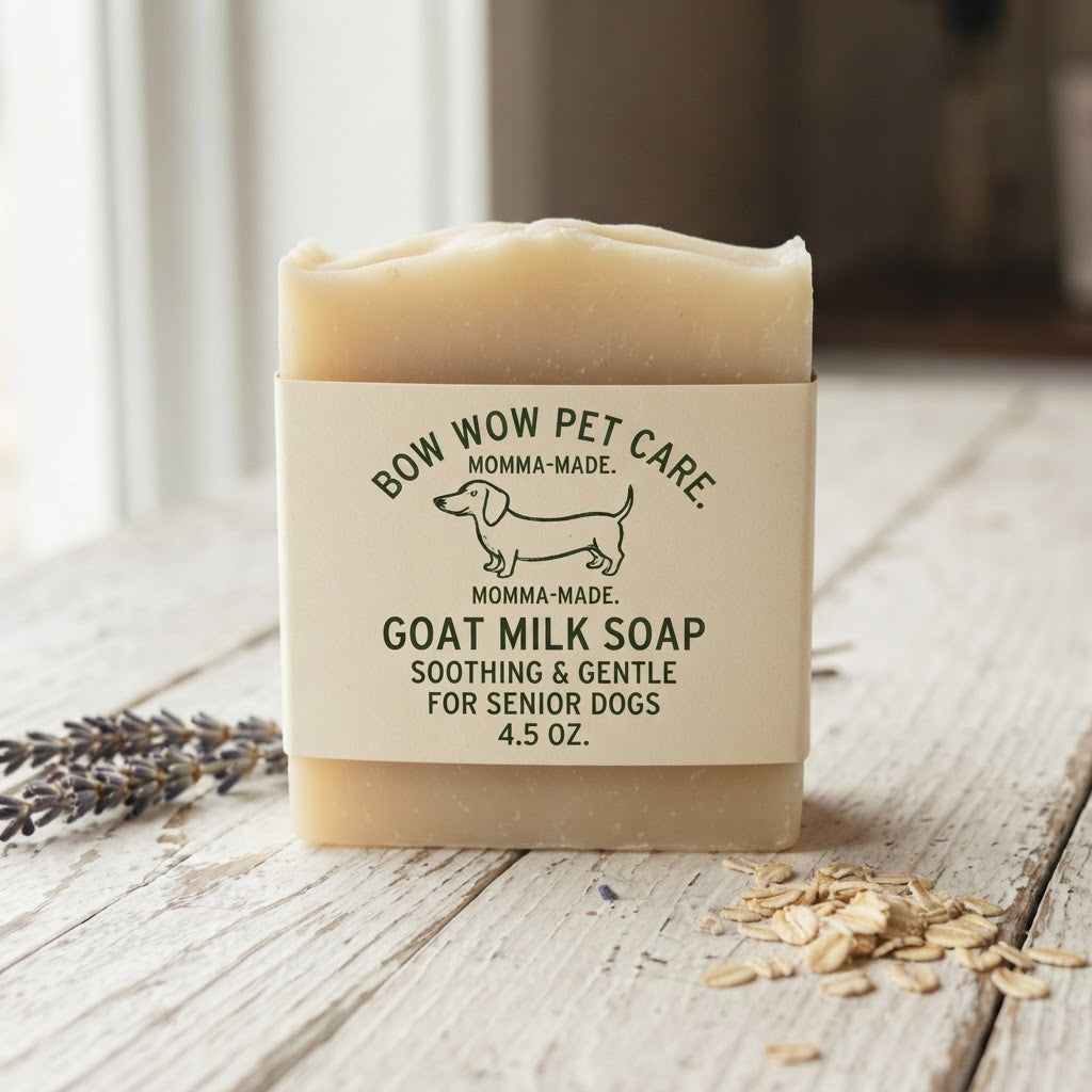 A rectangular bar of goat milk soap for dogs sits on a rustic white-washed wooden surface, with dried lavender and oats placed around it. The soap has a cream-colored label with black text reading 'BOW WOW PET CARE' and 'GOAT MILK SOAP SOOTHING & GENTLE FOR SENIOR DOGS 4.