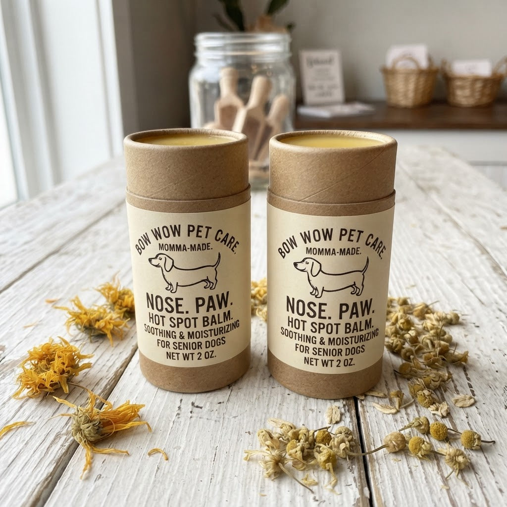 Two cylindrical kraft paper tubes of Bon Wow Pet Care Nose. Paw Hot Spot Balm for senior dogs, displayed on a rustic white wooden table with dried chamomile flowers.