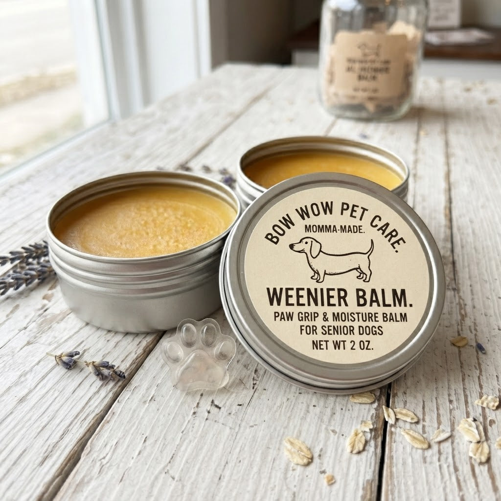 Two silver metal tins of Bow Wow Pet Care Weenier Balm for senior dogs, one open to show the yellow balm inside and one showing the cream-colored label, set on a rustic white wooden table with dried lavender and oat flakes.