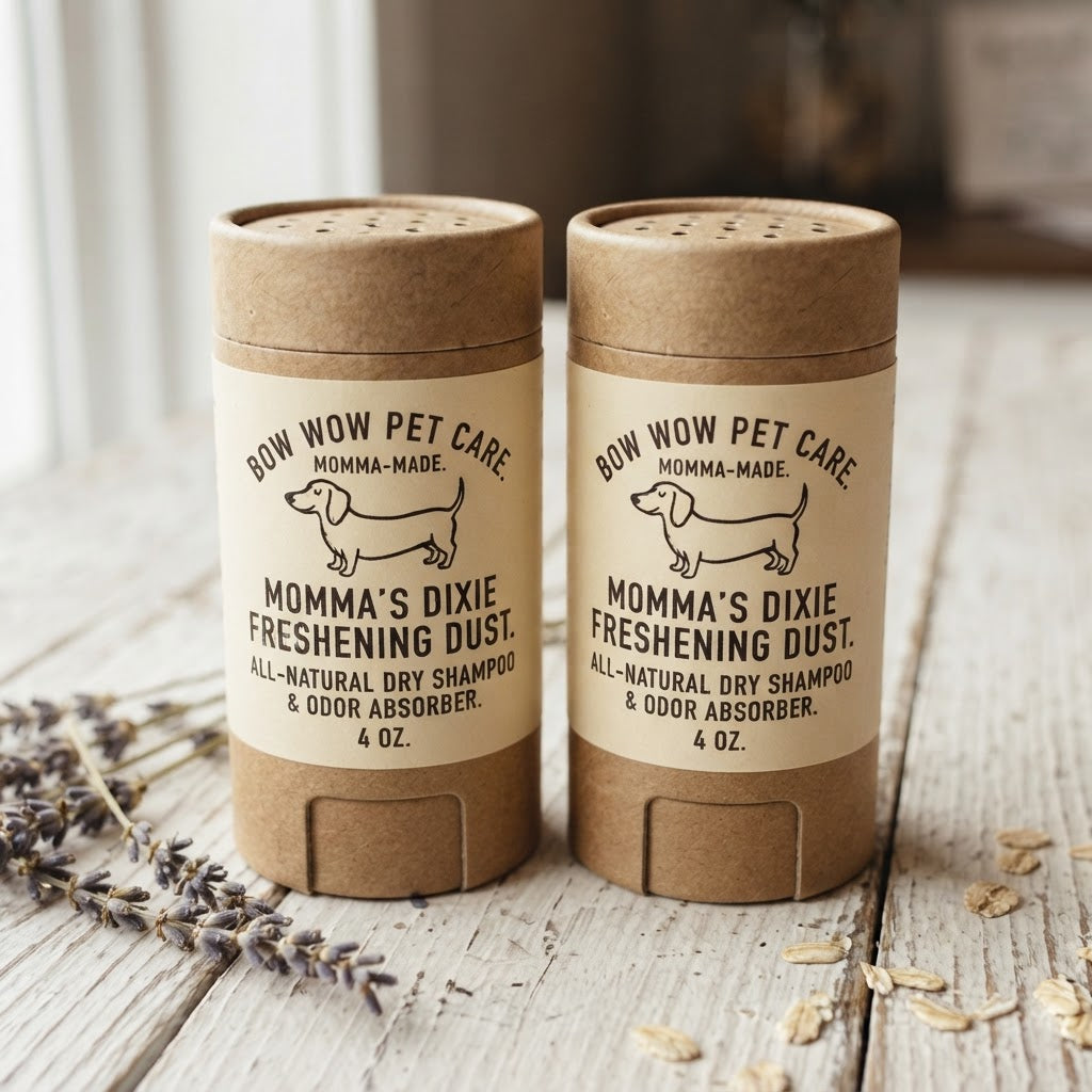Two cylindrical pet shampoo and odor absorber stick containers labeled 'BOW WOW PET CARE' and 'MOMMA'S DIXIE FRESHENING DUST,' placed on a rustic wooden surface with dried lavender and oat flakes nearby.